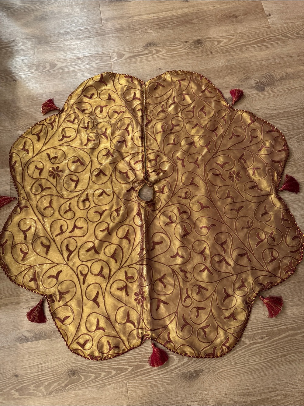Gold and Burgundy Quilted Tree Skirt with Tassels - Picture 3 of 11